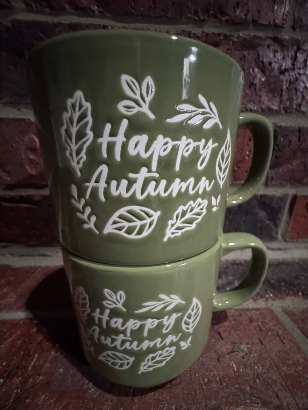 New with Tags Happy Autumn Green Ceramic Mug Set of 2 Stackable - Sage Green